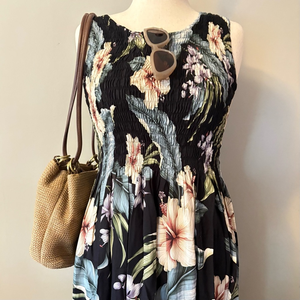 Vintage Floral Sleeveless Midi Dress with Tropical Print